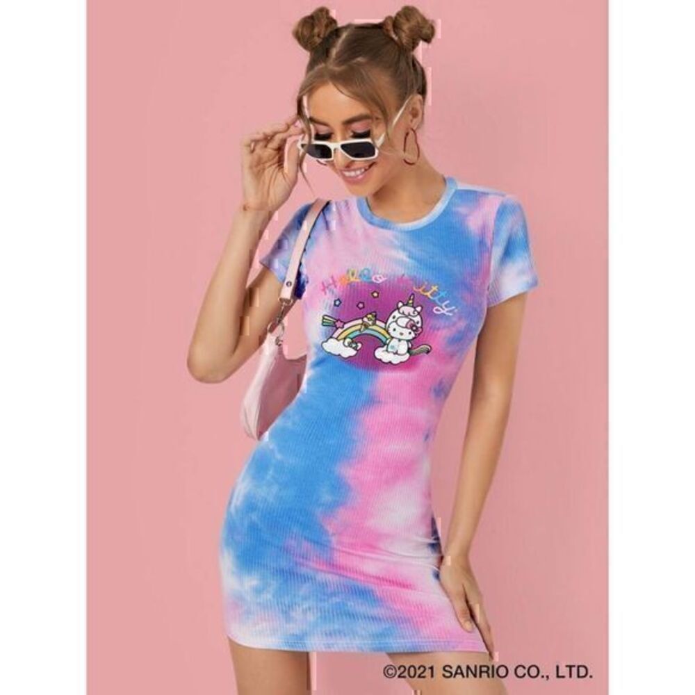 Hello Kitty and Friends Tie Dye Cat And Letter Graphic Bodycon Dress L